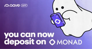 Purple Aave App graphic with the ghost mascot holding a phone and the words you can now deposit on Monad