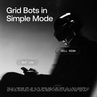 OKX graphic reading Grid Bots in Simple Mode, buy low, sell high