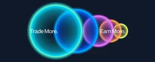 Glowing rings in shrinking sizes with the words Trade More. Earn More.
