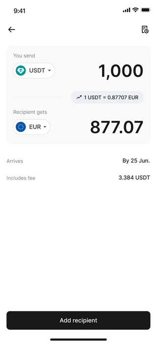 RedotPay illustration of the sending amount, exchange rate, recipient amount, fee and arrival estimate