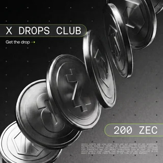 Silver coins including a Zcash coin cascading across a dark background with the words X Drops Club and 200 ZEC