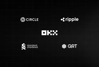 Official artwork showing the OKX logo with Circle, Ripple, Standard Chartered and QRT logos.