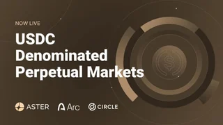 Text reading Now live, USDC Denominated Perpetual Markets beside a USDC coin graphic, with Aster, Arc and Circle logos