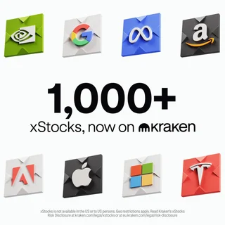 White Kraken graphic reading 1,000+ xStocks, now on Kraken, framed by tiles with US company logos