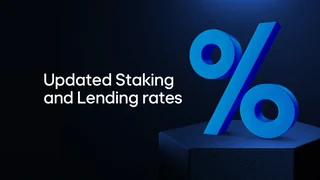 Blue percentage symbol beside Bitvavo's staking and lending rate announcement