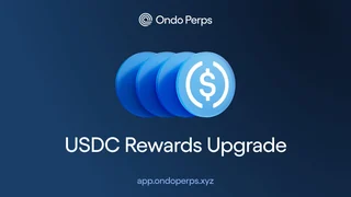 Stacked blue USDC coins under the Ondo Perps logo with the caption USDC Rewards Upgrade