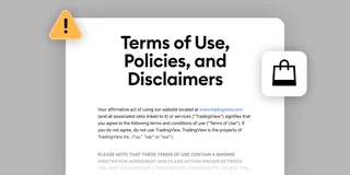 TradingView policy document artwork with a warning symbol and shopping bag