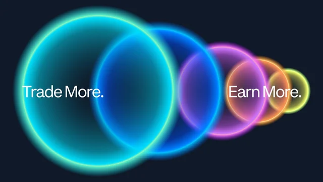 Glowing rings in shrinking sizes with the words Trade More. Earn More.