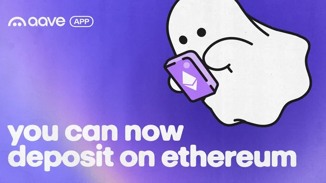 Aave App ghost holding a phone with the Ethereum symbol