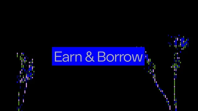 “Earn & Borrow” in a blue box over a black background with blue, green and pink chart bars