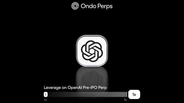 The OpenAI logo on a white tile under the Ondo Perps logo, above a slider labelled Leverage on OpenAI Pre-IPO Perp running from 1x to 3x