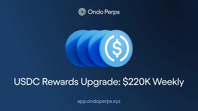 Stacked blue USDC coins under the Ondo Perps logo with the caption USDC Rewards Upgrade: $220K Weekly