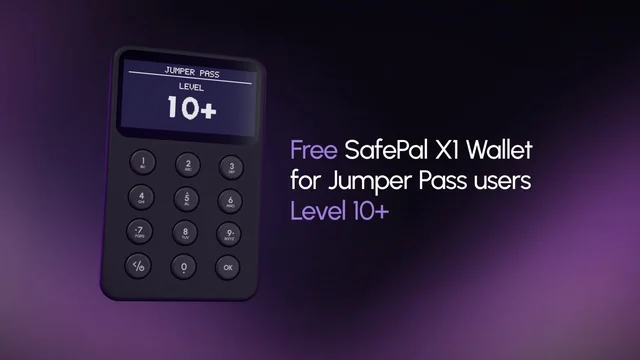 Jumper video frame showing a SafePal X1 with Jumper Pass Level 10+ on its screen, next to the text Free SafePal X1 Wallet for Jumper Pass users Level 10+