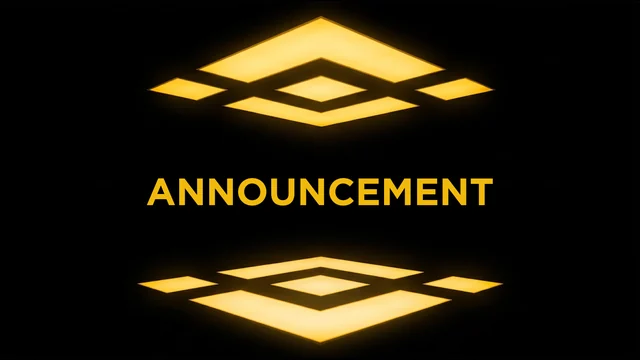 Binance announcement card with the word ANNOUNCEMENT in yellow between two glowing yellow diamond shapes on a black background