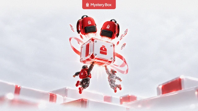 Two figures leaping towards a glowing Backpack mystery box flanked by two red backpacks, under a Mystery Box label