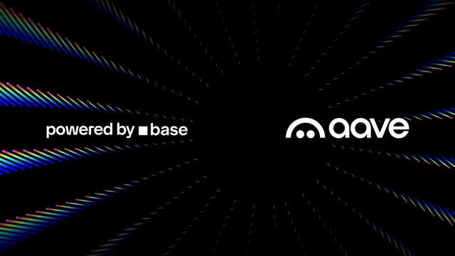 Aave logo next to the words ‘powered by base’ on a black background with streaks of coloured light