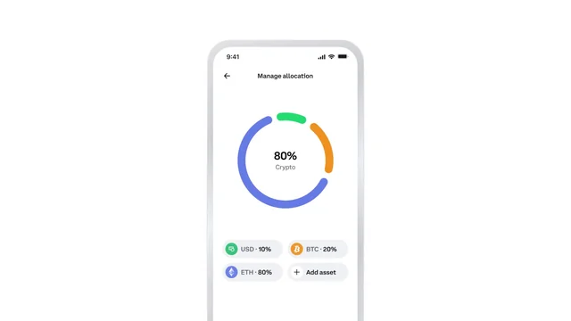 Coinbase app mockup on a white background showing the Manage allocation screen, a ring reading 80% Crypto and chips for USD, BTC and ETH with an Add asset button