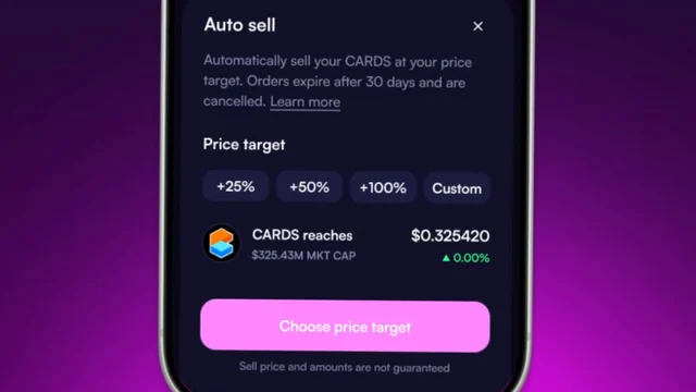Moonshot Auto sell sheet with price-target options +25%, +50%, +100% and Custom, a CARDS target price and a Choose price target button