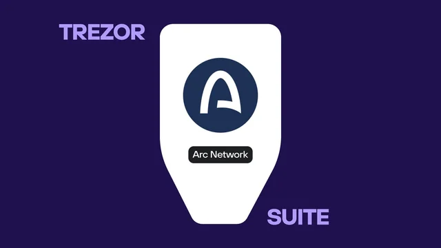 Trezor device screen showing the Arc Network logo between the words TREZOR and SUITE on a dark purple background