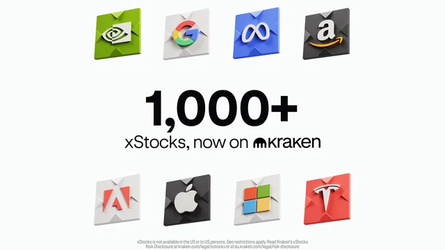 White Kraken graphic reading 1,000+ xStocks, now on Kraken, framed by tiles with US company logos