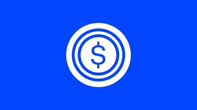 White dollar coin icon with two rings on a bright blue background