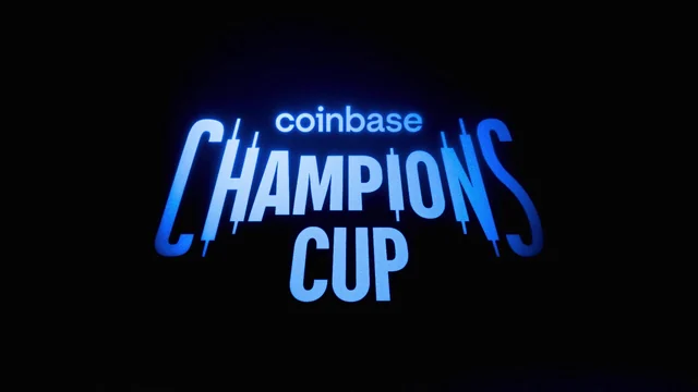 Glowing blue Coinbase Champions Cup logo on a dark background
