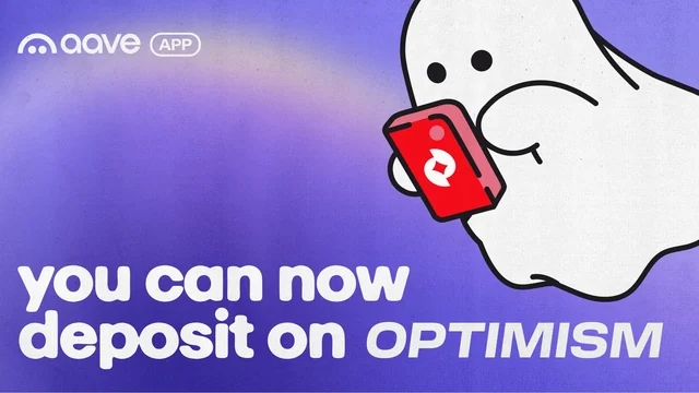 Purple Aave App graphic with the ghost mascot holding a red phone and the words you can now deposit on Optimism