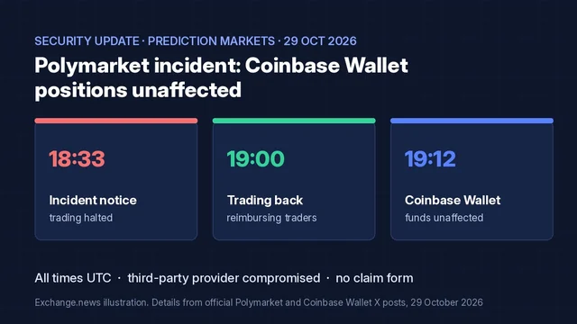 Dark blue illustration titled Polymarket incident: Coinbase Wallet positions unaffected, with three timeline cards for the 29 October posts in UTC