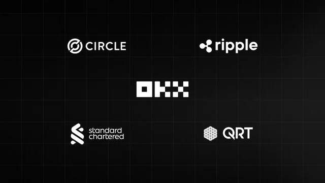 Official artwork showing the OKX logo with Circle, Ripple, Standard Chartered and QRT logos.