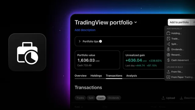 Official TradingView Portfolios artwork showing the transaction menu.