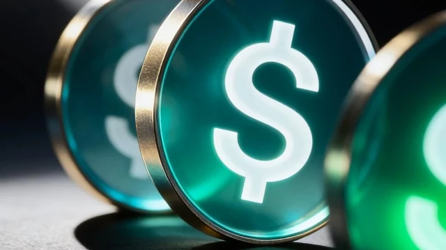Teal glass coins marked with a dollar sign on a dark surface