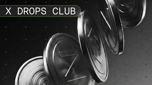 Silver coins including a coin marked Z cascading across a dark grey background with the words X Drops Club