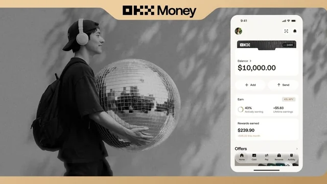 OKX Money launch artwork with a person and app mockup; displayed balance and 4% APY are illustrative.