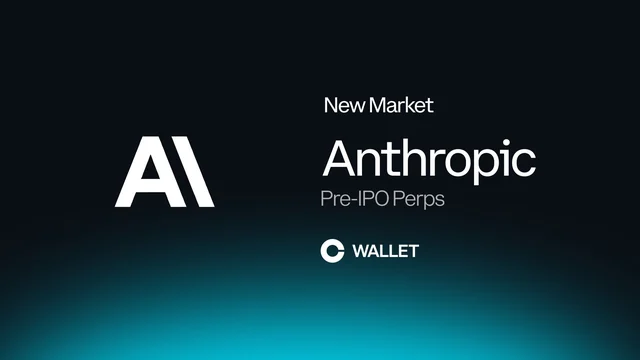 Coinbase Wallet graphic on a dark background with a teal glow reading New Market, Anthropic, Pre-IPO Perps, with the Anthropic logo on the left and the Coinbase Wallet logo below