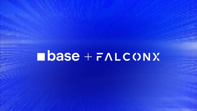 Blue card with the base and FalconX logos joined by a plus sign