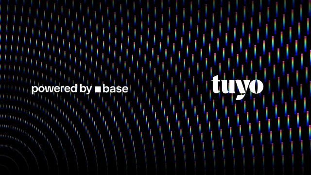 The Tuyo wordmark beside the words ‘powered by base’ on a black background with rainbow-coloured light streaks
