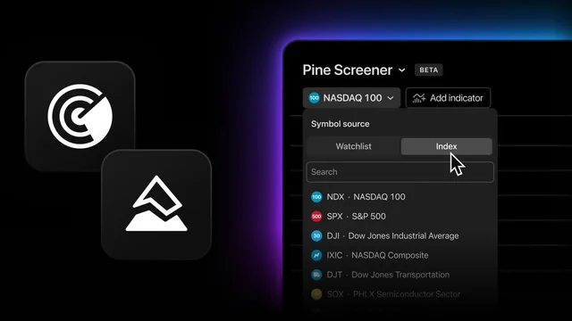 TradingView official artwork for TradingView’s Pine Screener adds index constituents and a broader script picker