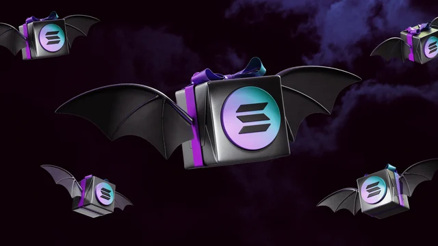 Gift boxes marked with the Solana logo flying on bat wings across a dark purple night sky