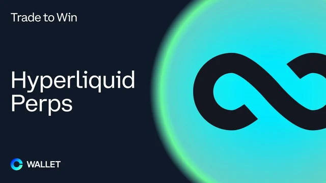 Coinbase Wallet graphic reading Trade to Win, Hyperliquid Perps, with the Hyperliquid infinity symbol on a glowing teal circle