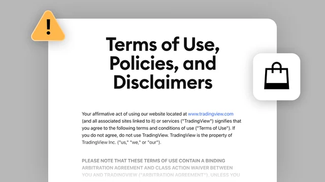 TradingView policy document artwork with a warning symbol and shopping bag