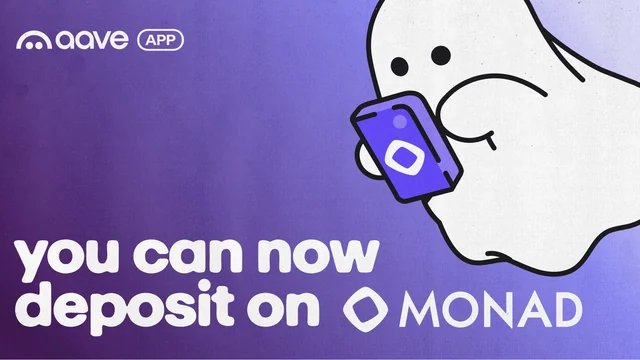 Purple Aave App graphic with the ghost mascot holding a phone and the words you can now deposit on Monad