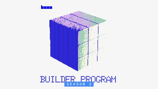 Base pixel-art graphic of a blue, purple and green cube above the words BUILDER PROGRAM and a SEASON 2 badge, with the Base logo top left
