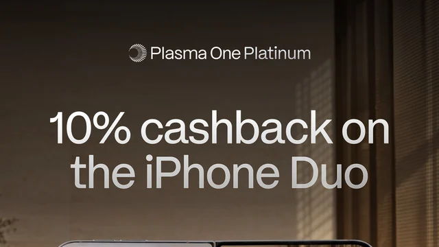 Plasma One Platinum graphic reading 10% cashback on the iPhone Duo, with the phone held in hand