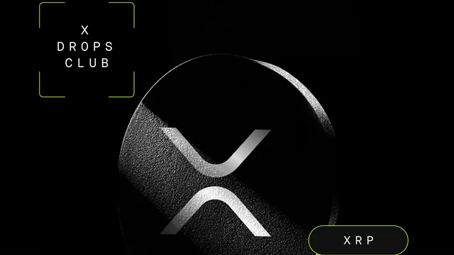 OKX X Drops Club artwork with a dark XRP coin and an XRP label on a black background
