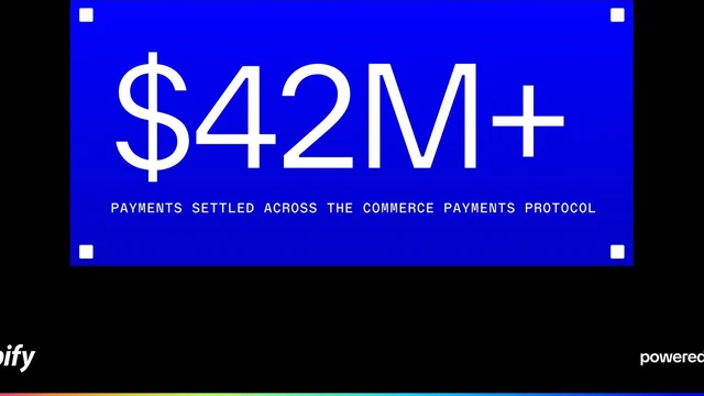 Blue card on black reading $42M+ payments settled across the Commerce Payments Protocol, with the Shopify logo and powered by base