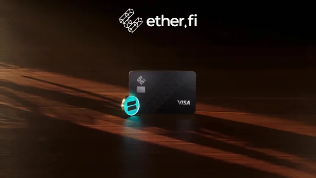 An ether.fi Visa card and a glowing coin on a dark wooden surface under the ether.fi logo, with the line A new home for your money