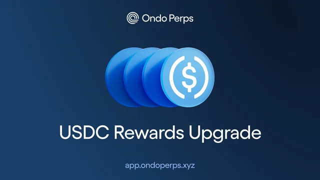 Stacked blue USDC coins under the Ondo Perps logo with the caption USDC Rewards Upgrade