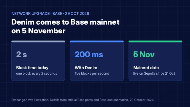 Dark blue illustration titled Denim comes to Base mainnet on 5 November, with cards comparing one block every two seconds to five blocks per second
