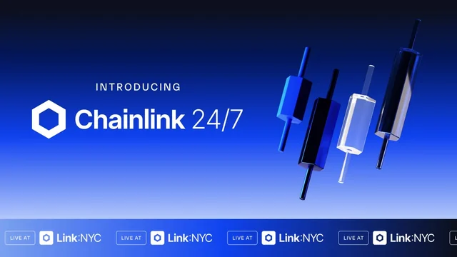 Introducing Chainlink 24/7 title with glass candlestick shapes on a blue background and a Live at Link:NYC banner