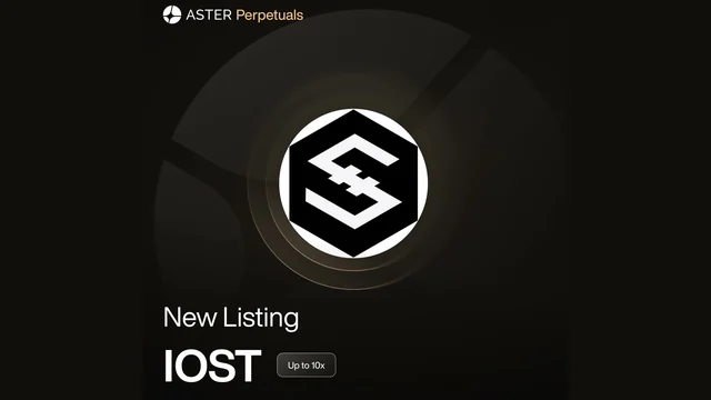 Aster Perpetuals card with the IOST logo and the words New Listing IOST, Up to 10x